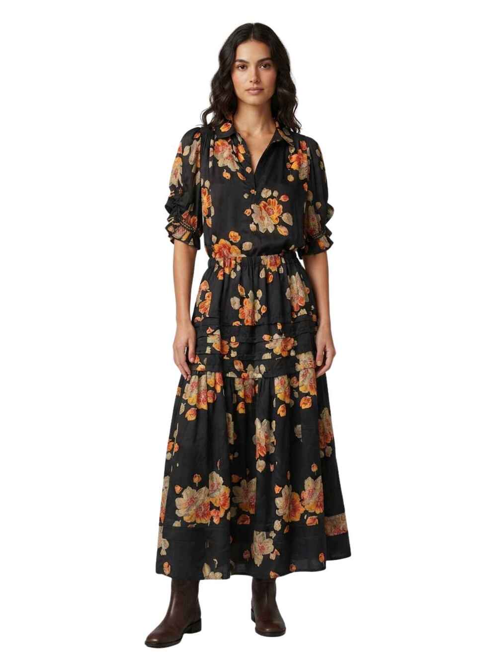 The Great Floral Print Ruffle Blouse Tiered Maxi Skirt Set Black Women's Size 0